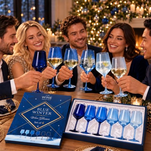 Winter Blue Christmas Wine Glasses Set of 6 Colored Crystal 12oz Navy Tall Stemmed Glassware for Holiday Celebrations (Blue)