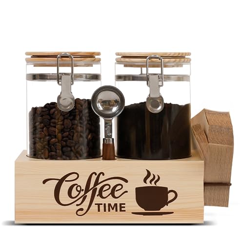 Glass Coffee Canister Set with Shelf & Spoon 2 Piece Coffee Containers for Coffee Bean Storage Airtight Seal (Coffee Jar x 2 & Shelf)