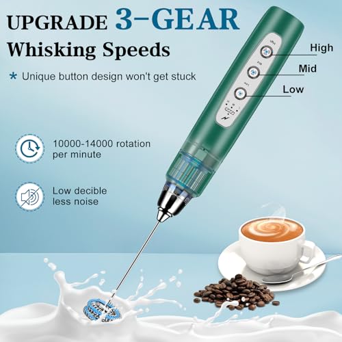 Milk Frother Wand Rechargeable Handheld Whisk Coffee 3 Speed Adjustable (Basic Frother / Green)