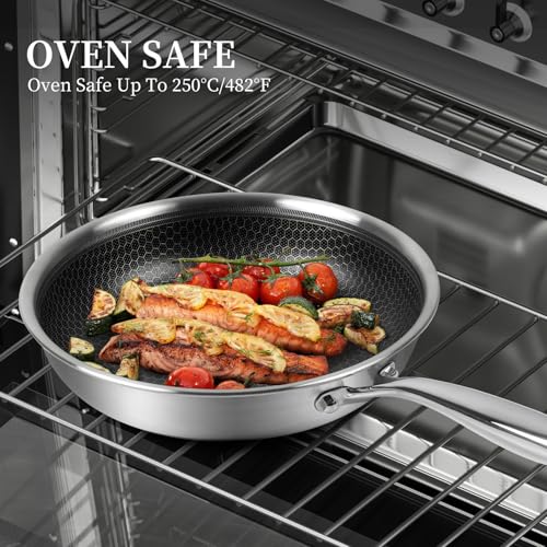 Stainless Steel Frying Pan Nonstick Frying Pan with Lid 10 Inch Honeycomb Stainless Steel Skillet Woks Pan for Gas Electric Induction Ceramic Stoves and Oven (10 Inch)