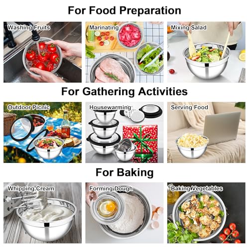 Mixing Bowls Stainless Steel Salad Mixing Bowl with Lid & Grater Set (Black / 4.6/2.6/1.5/1/0.7 QT)