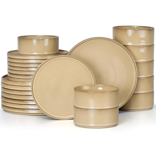 24 Piece Stoneware Dinnerware Sets (Caramel Khaki / 24pcs for 8)