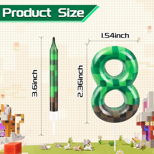 13 Pcs Dynamite Candles 12 TNT Themed Birthday Cake Candles and Number 8 Candle Cake Topper for Pixel Theme Birthday Party Anniversary Party Dynamite Theme Party Video Game Party Supplies (Green+Brown / 8)