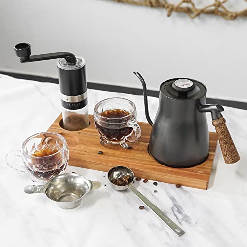 Pour Over Coffee Maker Set Chinese Tea Set Wooden Storage Tray Coffee Dripper Glass Server Coffee Scoop DIY Manual Pour Over Kit Black (Wood Tray Set)