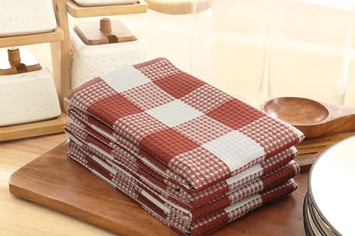 Waffle Weave Plaid Dish Cloth (15 x 25 - 4 Pack / Rust White)