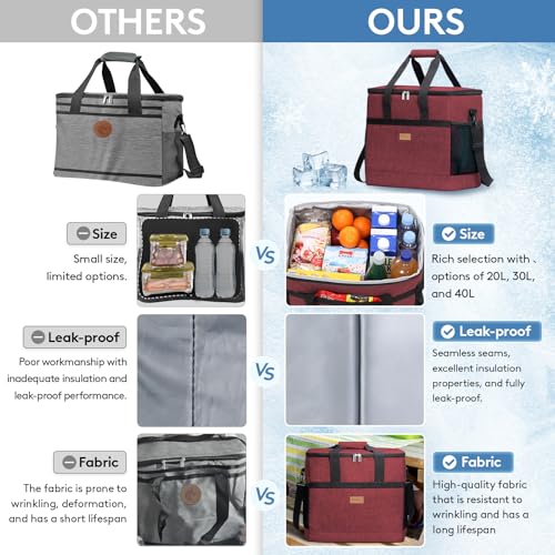 Cooler Bag 60 Cans Collapsible and Insulated Large Lunch Bag Leakproof Soft Cooler Portable for Camping (60-Can(40L) / Burgendy)