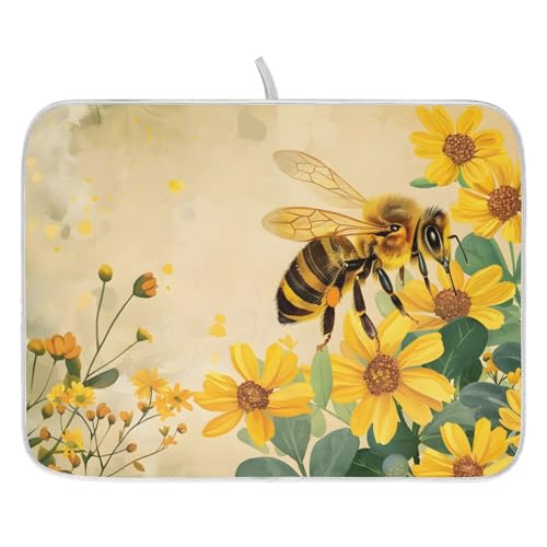 Honey Bee Dish Drying Mat for Kitchen Counter Absorbent Microfiber Large Drying Pad Yellow Flowers Leaves Dish Mats for Kitchen Countertops 18 x 24 Inch117 (24" x 18")