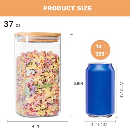 Glass Storage Jars 6 Pack 37oz Clear Glass Food Storage Containers with Airtight Bamboo Lid Stackable Kitchen Canisters for Candy